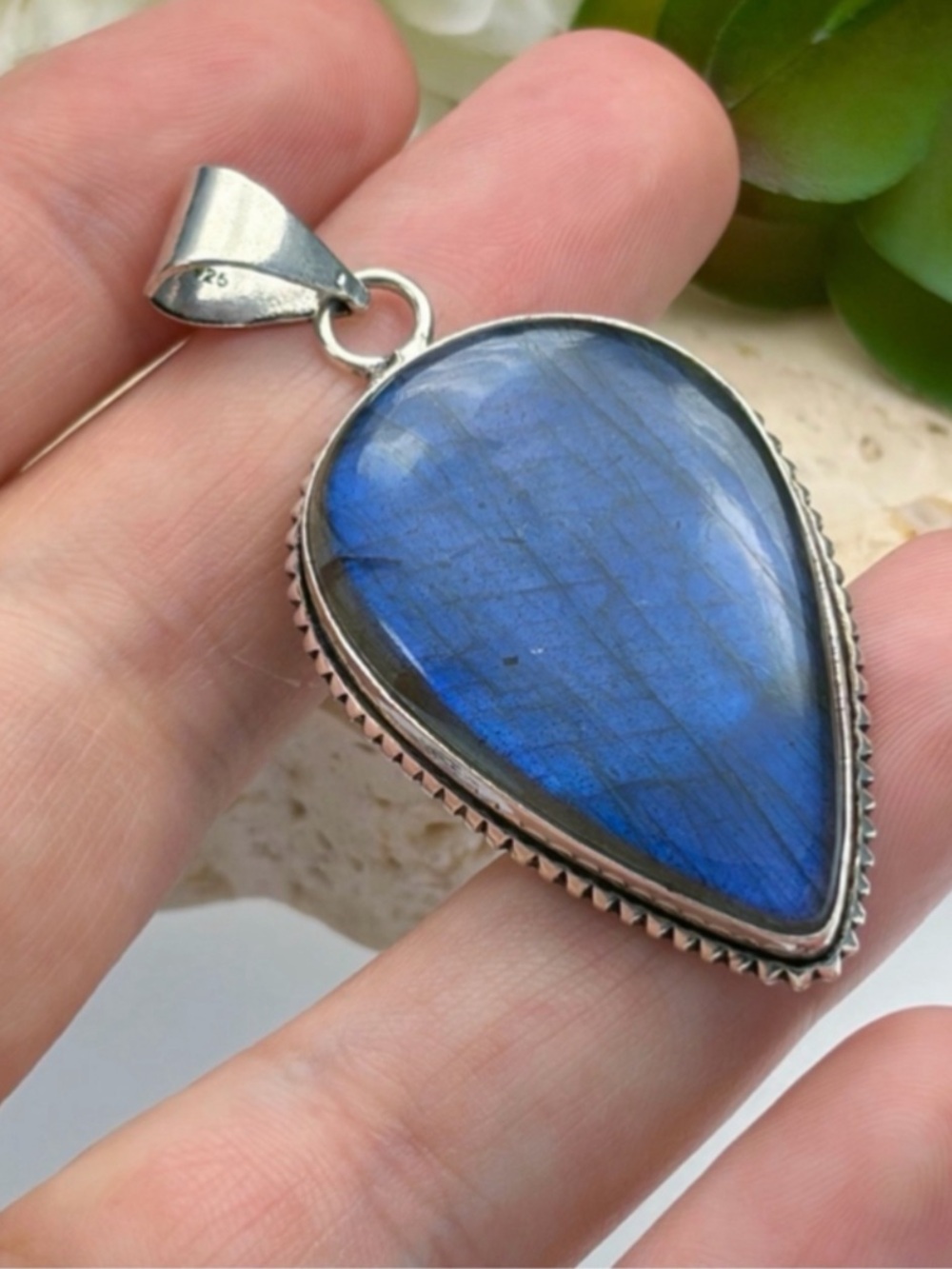 Flash Blue Labradorite Pendant Pear Teardrop Boho Southwest Vintage Style 925
